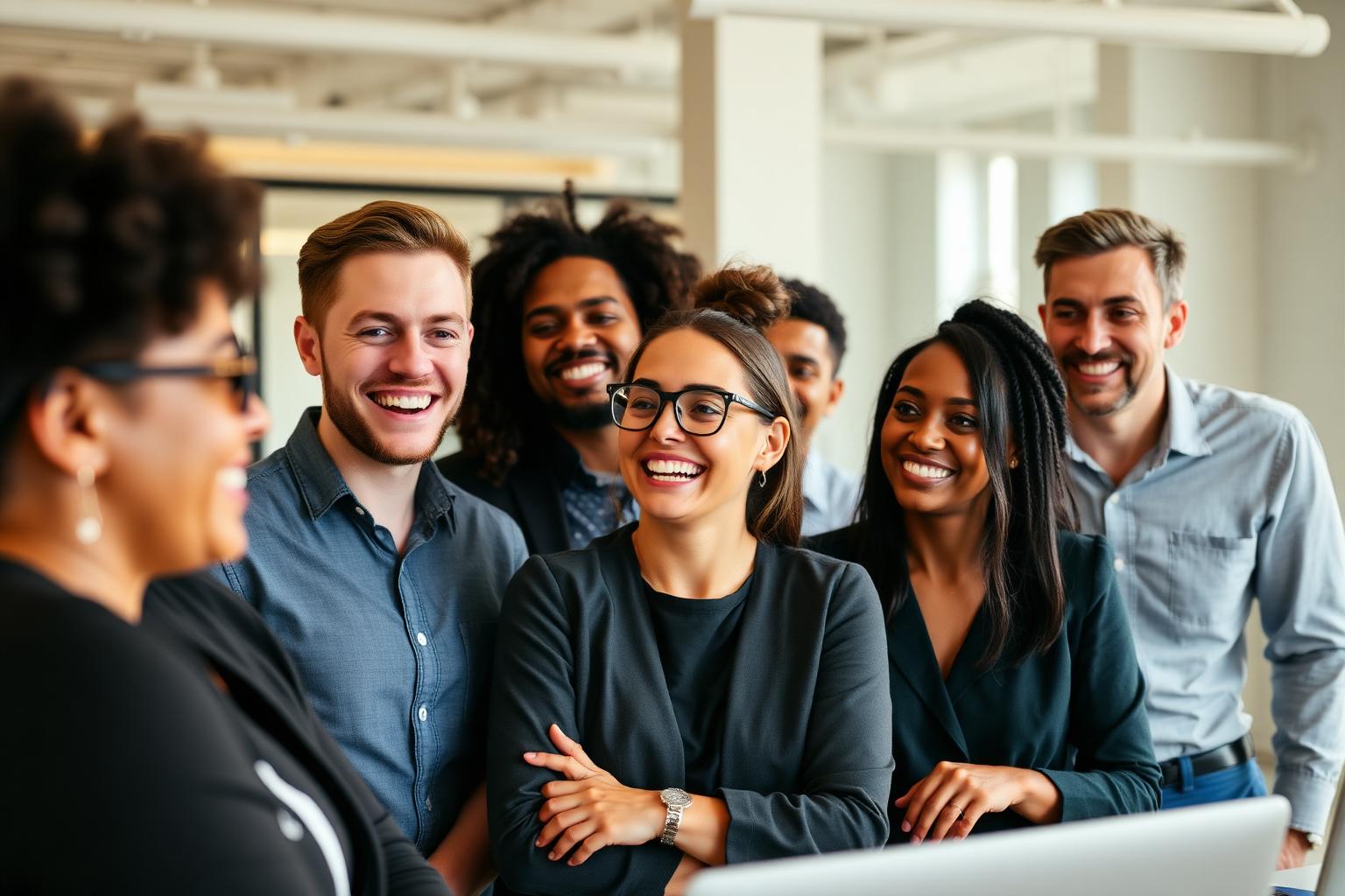 Diverse team of happy employees collaborating
